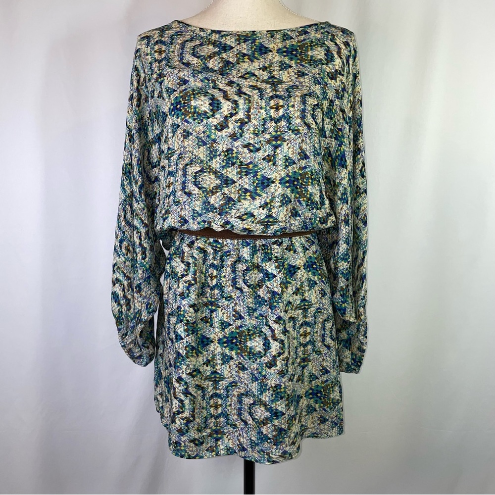 Parker 100% Silk Mini Dress Dolman Long Sleeve Geometric Abstract Print Size S